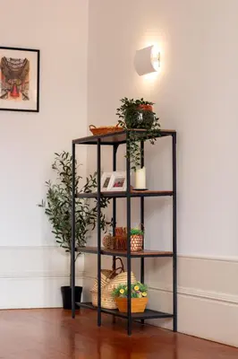 a shelf with plants and a light on a wall at LovelyStay - Aurora Heights Apartment in Porto