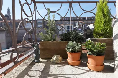 a group of potted plants sitting on a balcony at FLH Almada Cozy Apartment with View in Porto