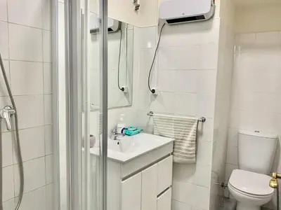 a bathroom with a shower and a sink and a toilet at RIBEIRA CHARMING APARTMENTS in Porto