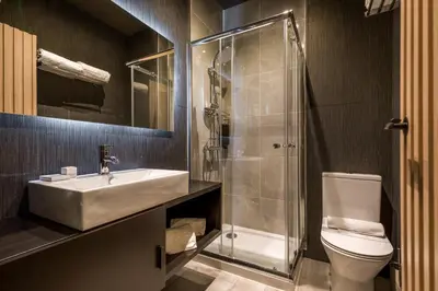 a bathroom with a sink and a shower and a toilet at Rubens Hotels & SPA in Vila Nova de Gaia