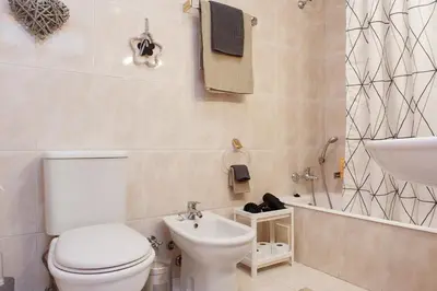 a bathroom with a toilet and a sink at Sunny view to the Tower in Porto
