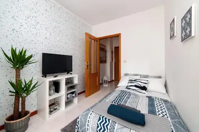 a bedroom with a bed and a flat screen tv at Sunny view to the Tower in Porto