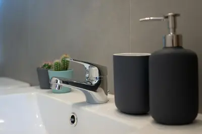 a bathroom sink with a bottle of soap and a soap dispenser at Jardim de São Lázaro - Porto Apartments in Porto