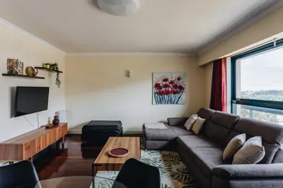 a living room with a couch and a tv at Spacious 1BR with Parking in Quiet Area in Vila Nova de Gaia
