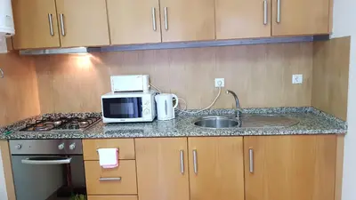 a kitchen counter with a microwave and a sink at Oporto Beauty Flat in Porto