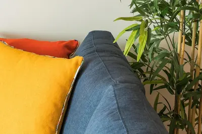a couch with two pillows next to a plant at Porto Insight Cedofeita- Parking, Balconies & AC in Porto