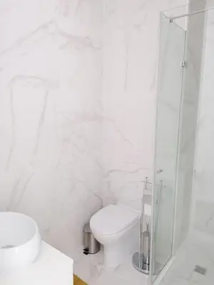 a white bathroom with a toilet and a shower at Window Garden Apartment in Porto