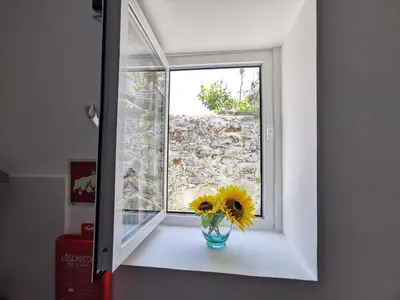 a vase with a sunflower sitting on a window sill at St. Johns Alley of Poetry and Imaginary Cats in Porto