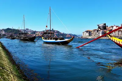 three boats are docked in a river with buildings at St. Johns Alley of Poetry and Imaginary Cats in Porto