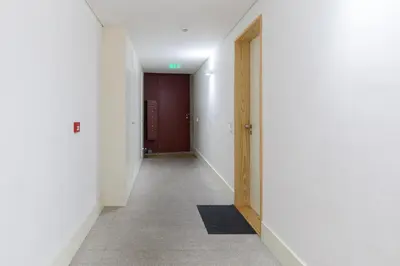 a hallway with white walls and a door and a carpet at Low Cost Parking - Private Garden - Almada 392 in Porto