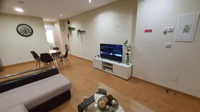 a living room with a couch and a flat screen tv at Marques Garden with PARKING in Porto