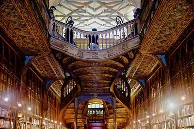 a large library with a wooden ceiling and a balcony at ! Free Parking Street ! Ground Floor with Washer! in Porto