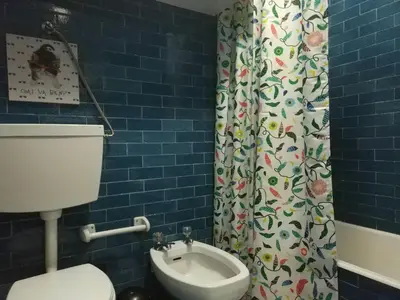 a bathroom with a toilet and a shower curtain at ! Free Parking Street ! Ground Floor with Washer! in Porto