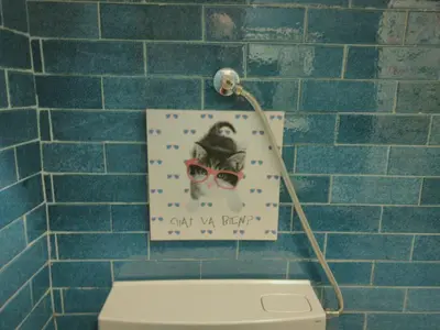 a blue tiled bathroom with a sign above a toilet at ! Free Parking Street ! Ground Floor with Washer! in Porto