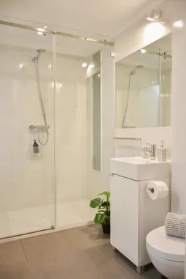 a bathroom with a shower and a toilet and a sink at Comfortable&Central w/balcony-9 min walk Trindade in Porto