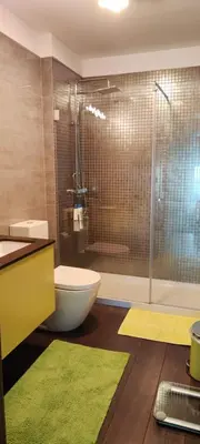 a bathroom with a shower and a toilet and a sink at Suite Camões in Porto