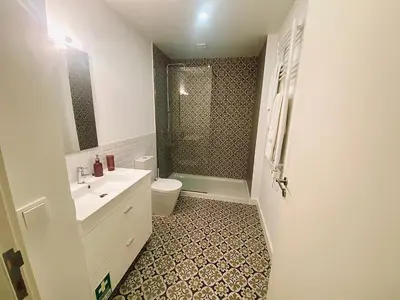 a bathroom with a sink and a toilet and a shower at Vitoria's Terrace Apartments in Porto