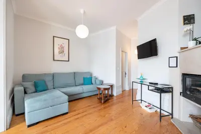 a living room with a couch and a fireplace at VIVA Ilda's Home in Porto