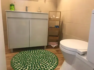 a bathroom with a toilet and a green rug at City Heart Place 2 in Porto