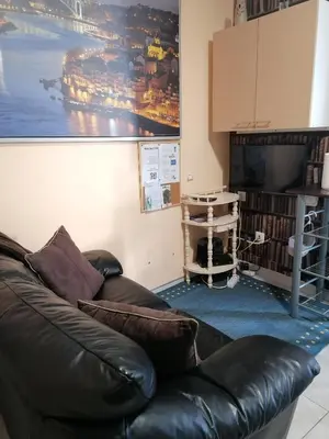 a living room with a leather couch and a television at House Romantic R/C left in Porto