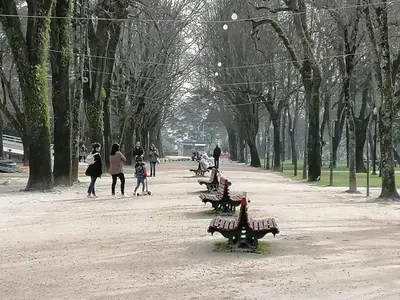 a row of benches in a park with people walking at House Romantic R/C left in Porto