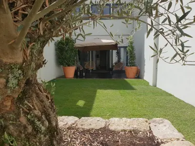 a garden with a tree and a table and grass at Stayin Apartments - Rua do Sol in Porto