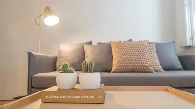 a living room with a couch and two cactuses on a table at Souto Apartments in Porto
