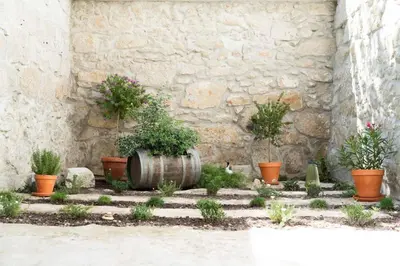 a barrel sitting next to a stone wall with potted plants at Amy Porto in Porto