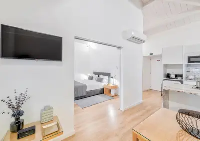 a living room with a bed and a tv on a wall at Oporto Comfort Dom Hugo - Historic Apartments in Porto