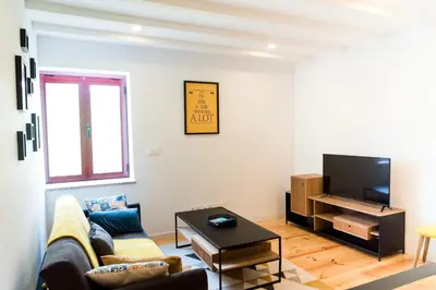 a living room with a couch and a tv at Porto Wine Loft Duplex with swimming pool in Vila Nova de Gaia