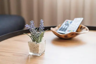 a vase with flowers and a remote control on a table at GuestReady - Tigerlily in Porto