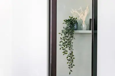 a glass door with a plant on a shelf at Mouzinho Darling 1BR w/ AC in City Center by LovelyStay in Porto