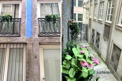 two pictures of a building with a window with flowers on it at Stylish Triplex next to Ribeira in Porto