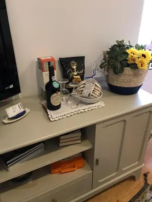 a table with a bottle of wine and a plant on it at Cais de Gaia Historic Loft in Vila Nova de Gaia