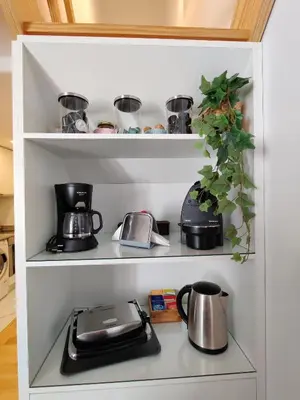 a shelf with pots and pans and a plant at Cais de Gaia Historic Loft in Vila Nova de Gaia