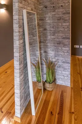 a mirror against a brick wall with two potted plants at Rolé Douro - Almada 340 in Porto
