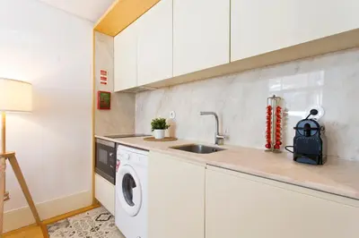 a kitchen with a sink and a washing machine at Oporto Blue República - Cozy City Centre Studio in Porto