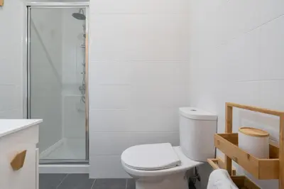 a white bathroom with a toilet and a shower at Gaya Avenue Flats - Elegant Contemporary Flats with Balcony in Vila Nova de Gaia