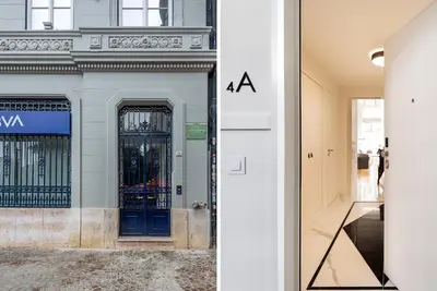 two views of a building with a blue door at Liberty 119 • Luxurious 1BD in Porto's main Avenue in Porto