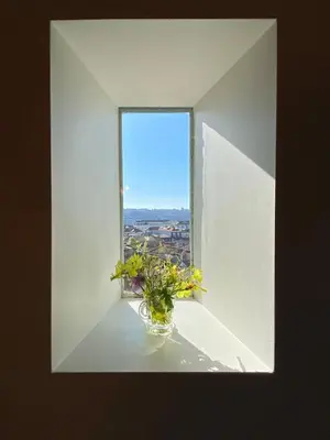 a vase with flowers sitting on a window sill at GET a train and city view in Porto