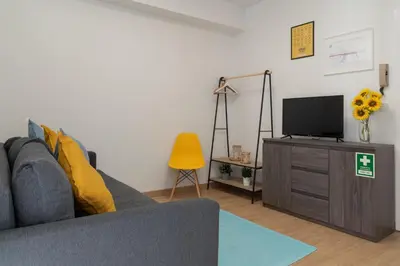 a living room with a couch and a tv at PortoVivo Quental Terrace in Porto