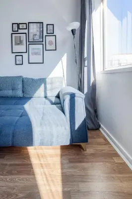 a blue couch in a living room with a window at Travel & Live Bolhão apartments in Porto