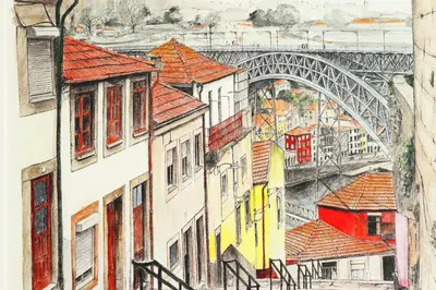 a drawing of a city with a bridge and buildings at Villa Invicta II in Porto