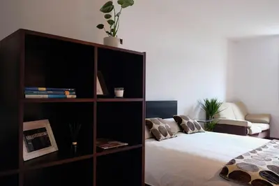 a bedroom with a book shelf and a bed at Boavista Studio 99 & Garage in Porto