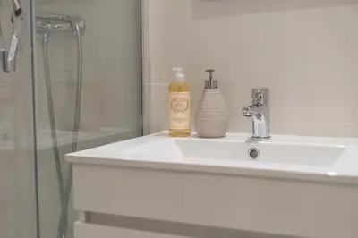 a bathroom sink with a bottle of soap on it at Douro by your side with Pool in Vila Nova de Gaia