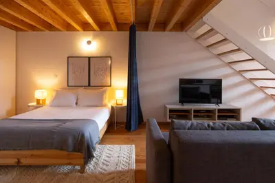 a bedroom with a bed and a tv and a couch at Batalha Garden Apartment in Porto
