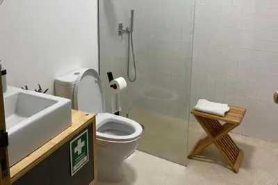 a bathroom with a shower and a toilet and a sink at Duplex Apt - Sleeps 4 - Roof Terrace - Balcony in Porto