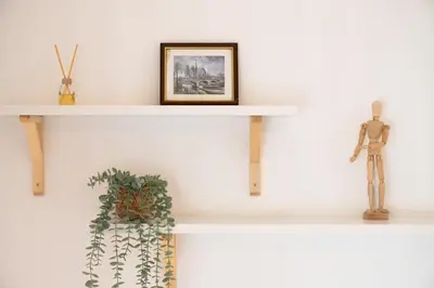 a shelf with a picture and a plant and a statue at ! Luminous 2BR Top Floor ! Praça da República in Porto