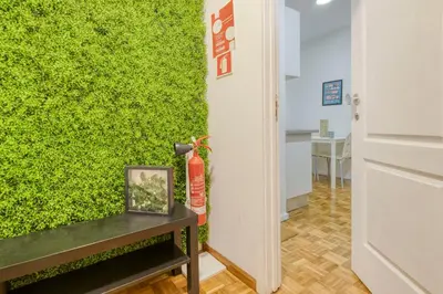 a living room with a green wall and a fire extinguisher at Travel & Live Bragas in Porto