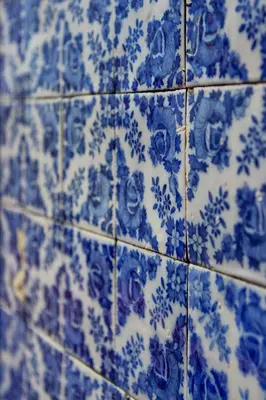 a blue and white tile wall with blue flowers on it at Porto Sé Apartamentos in Porto